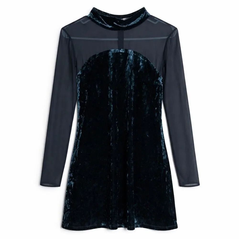 BCBG Generation Velvet Mini Dress Sheer Mesh Black Women M Modern Luxe Romantic